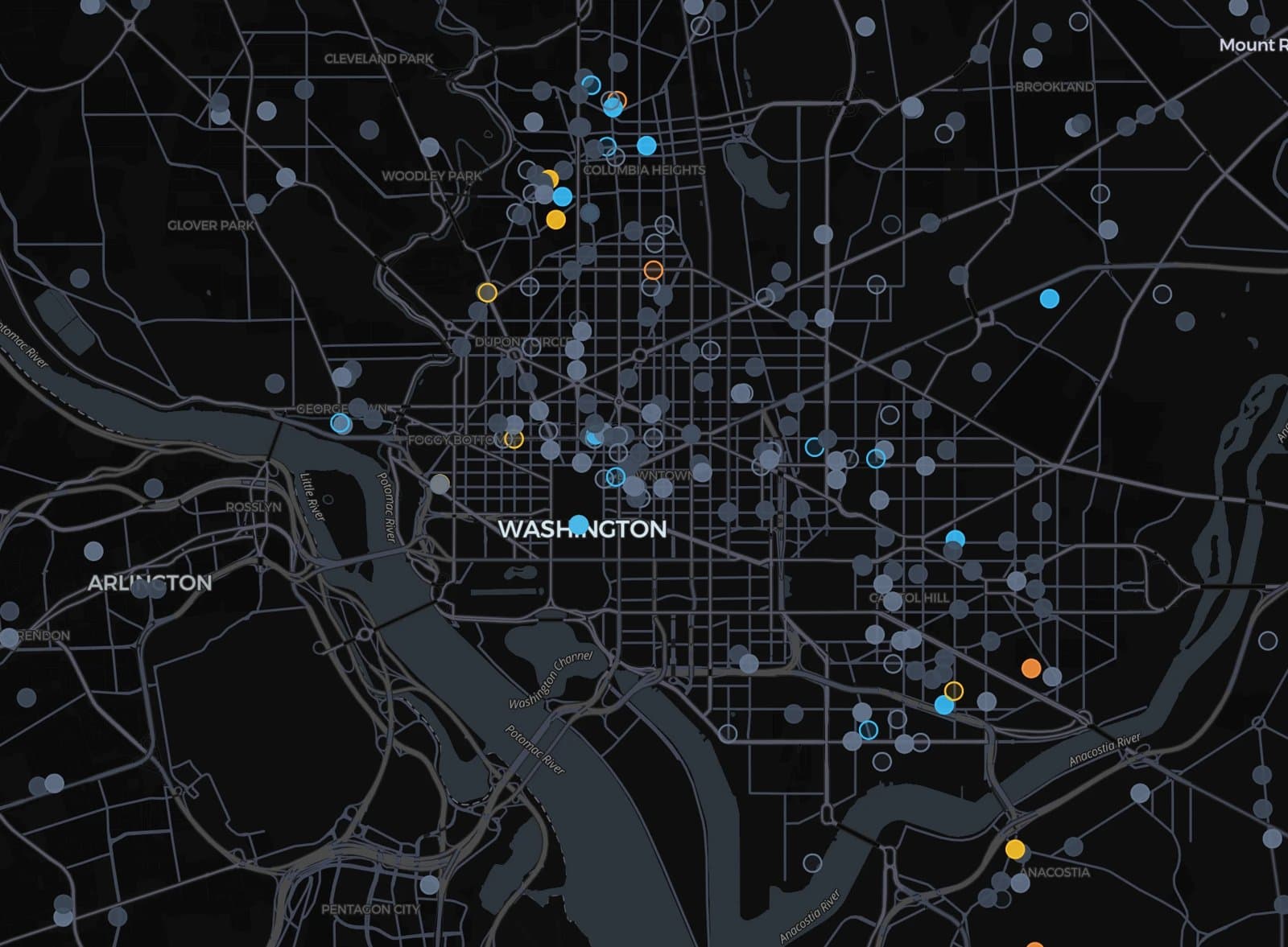 A dark map of Washington, D.C., dotted with venues and event organizers.