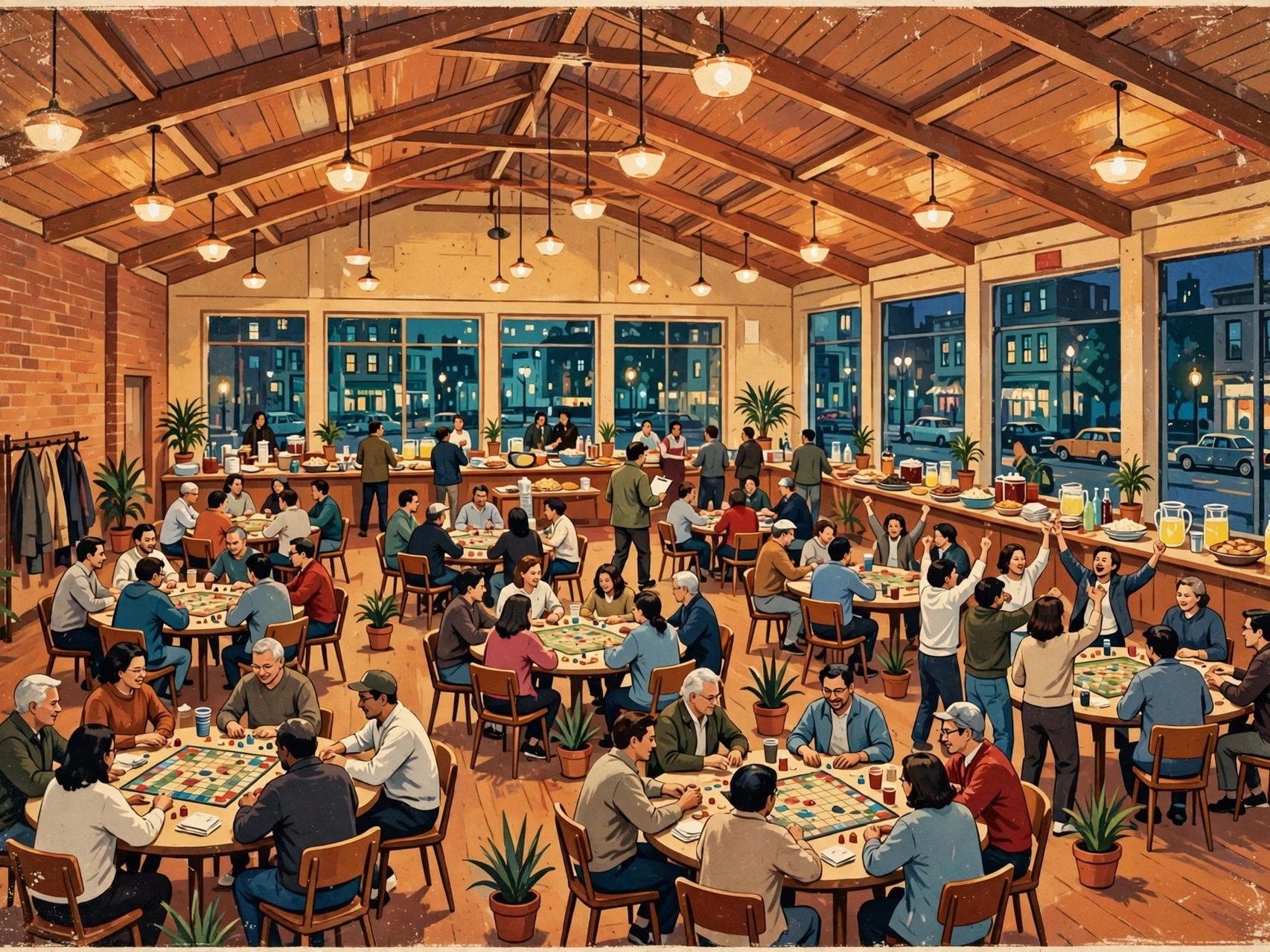 A board game night, round tables of players, one table cheering.