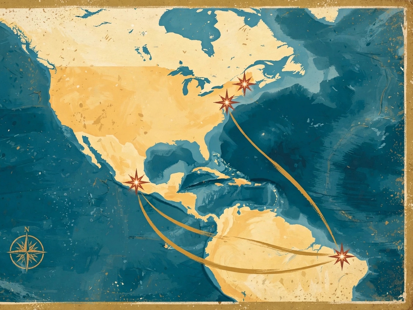 A route map of the Americas, four cities joined by arcs.