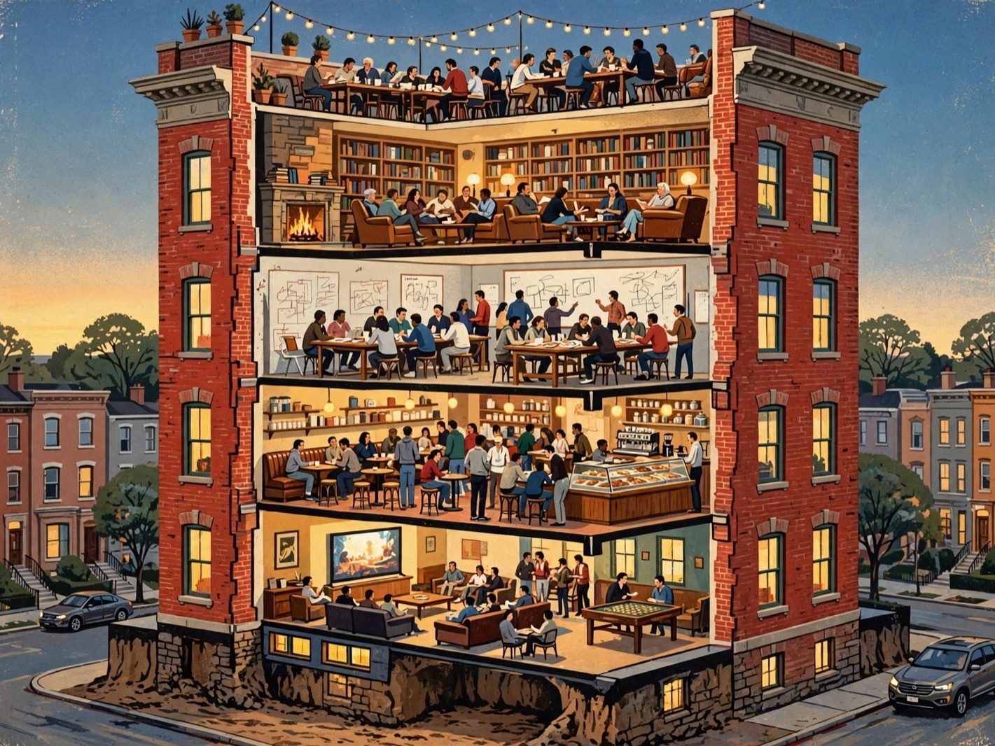 Cutaway of the building, basement to roof.