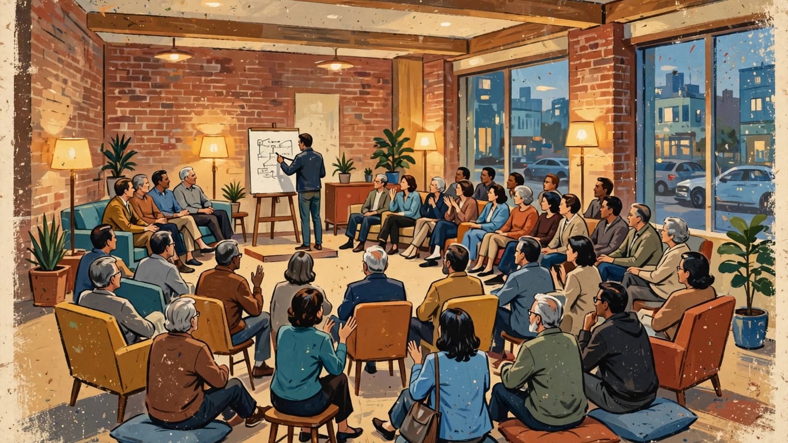 A lounge in a loose horseshoe, a panel on one sofa, one person at a whiteboard with a problem.