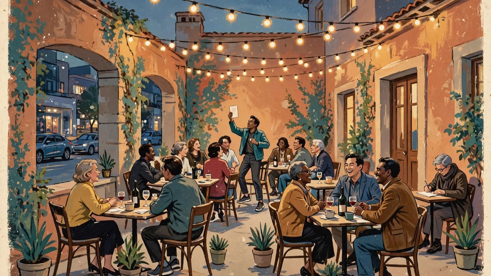 A courtyard at night, guests at cafe tables, one standing on a chair reading an accusation.