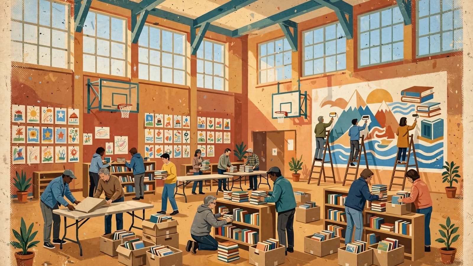Volunteers in a school gym painting a mural and shelving donated books.