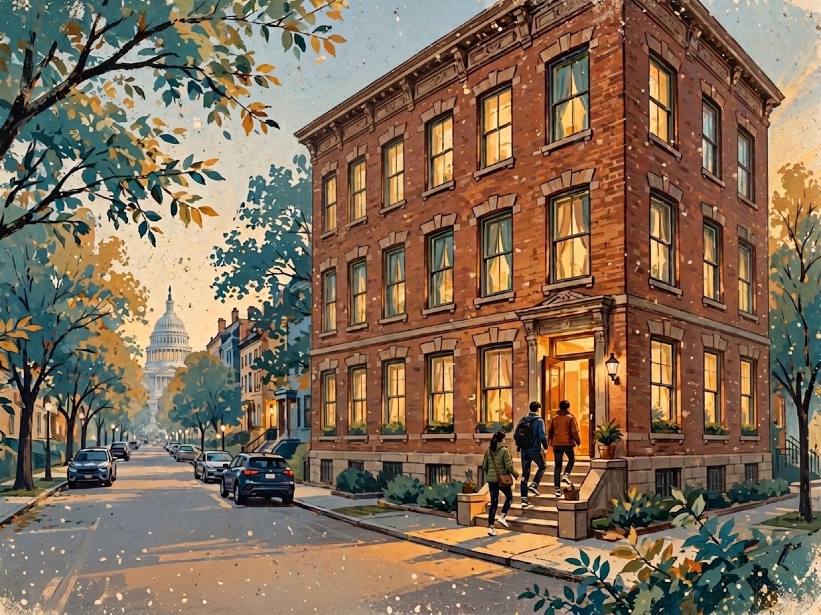 The building at dusk.