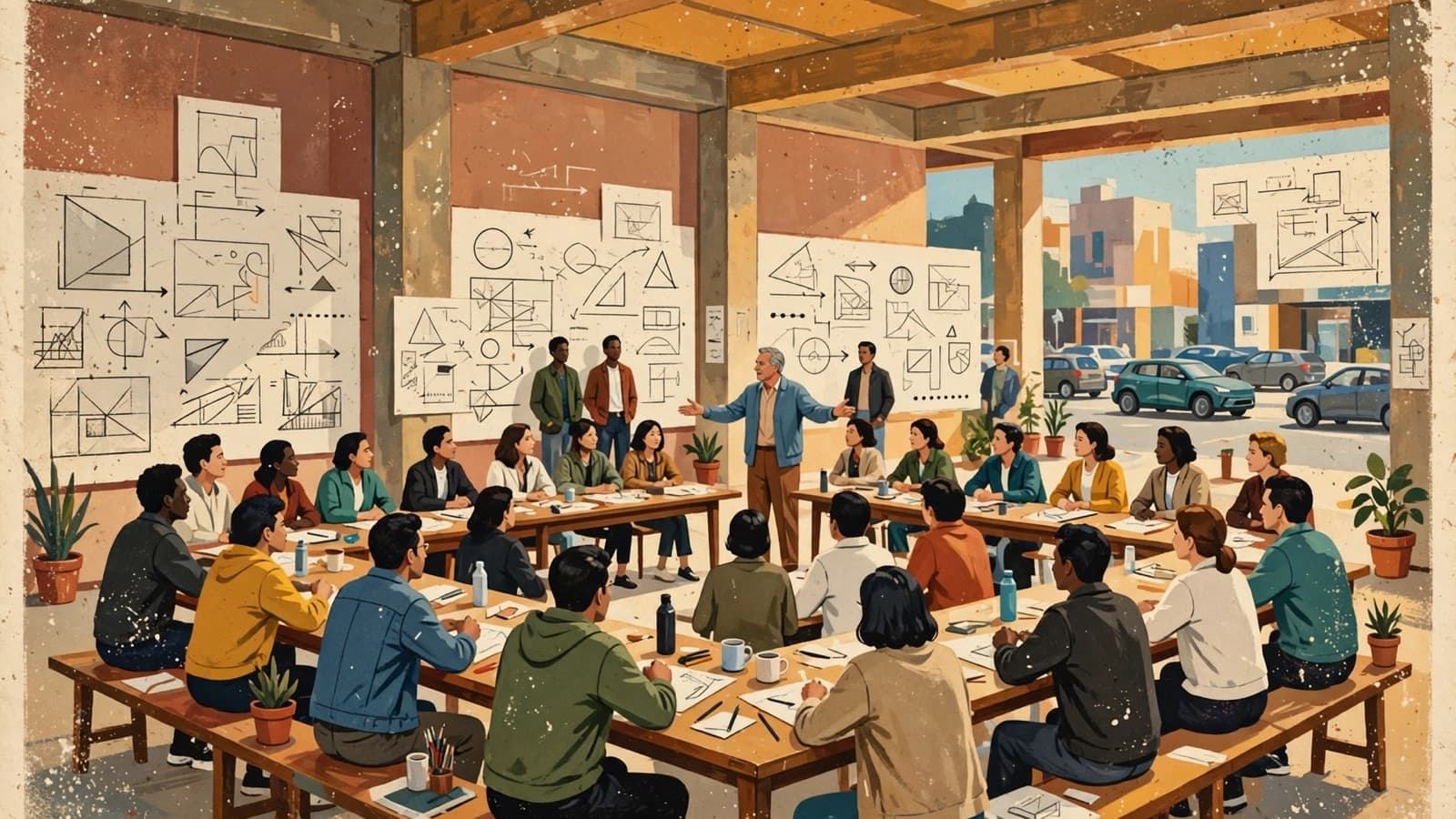A studio classroom, whiteboards on every wall, one person teaching from the middle.