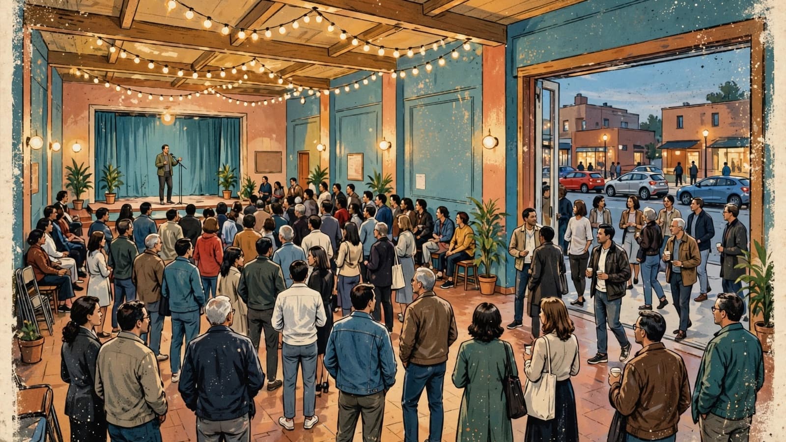 A public evening event, a full room, one person speaking from a low stage.