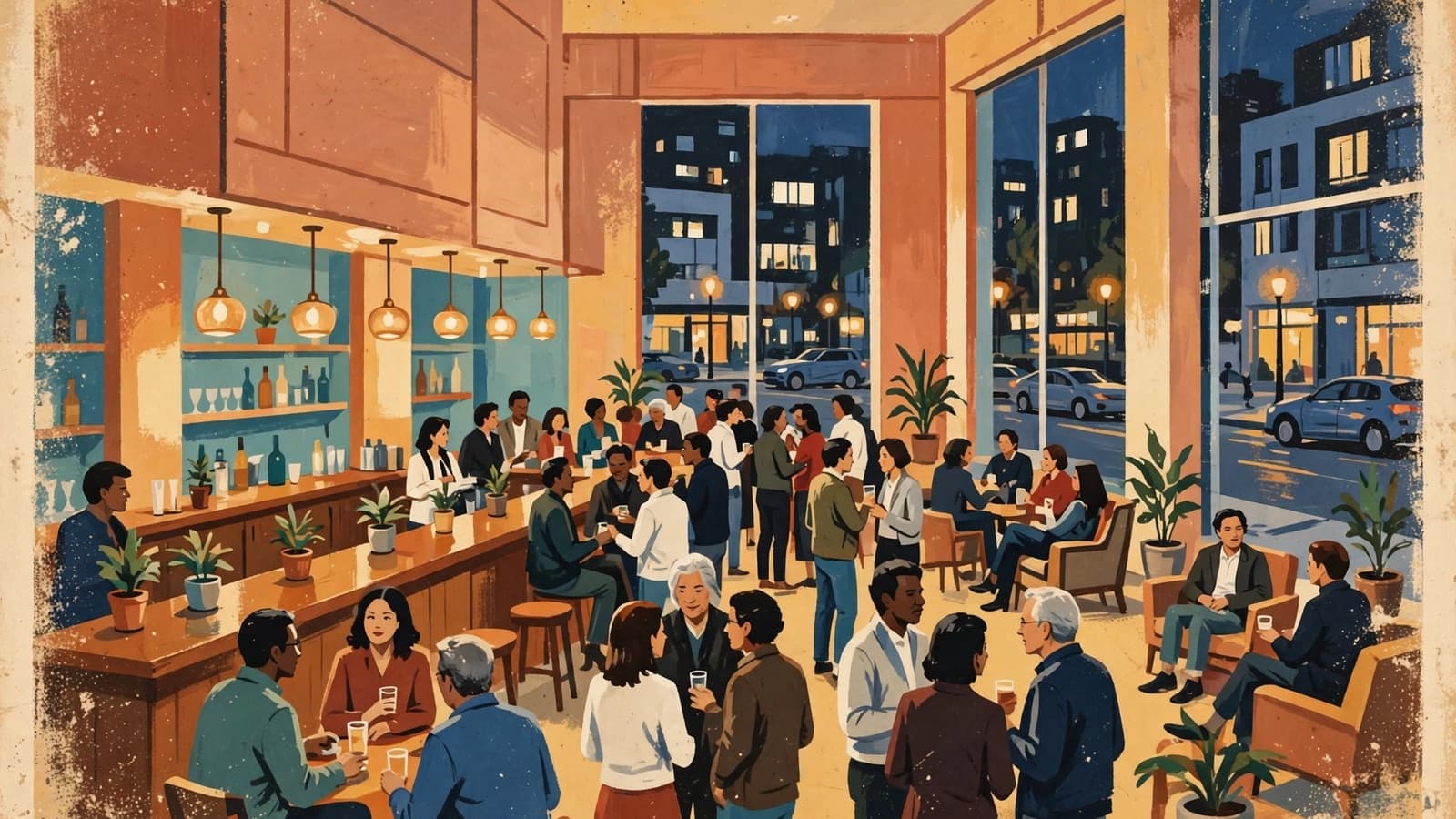A members' bar on a Thursday night, people standing in groups.