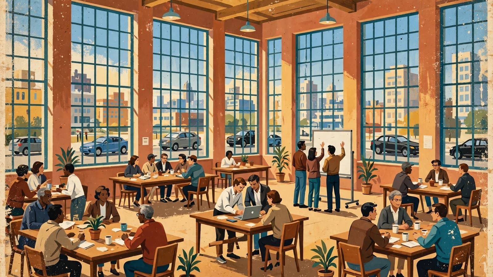 A bright open room, people working in groups at shared tables.