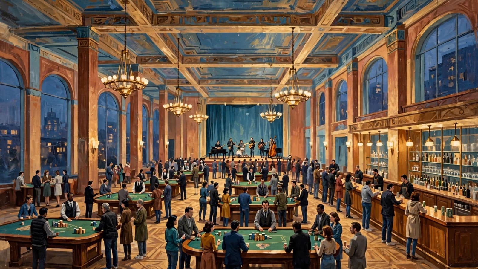 A grand room of gaming tables, dealers, and a band.