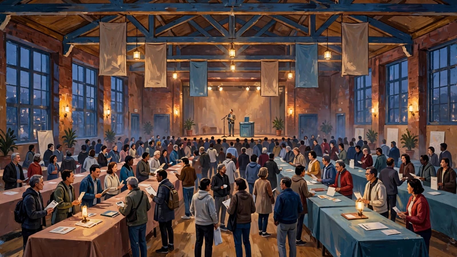 A hall of tables and a crowd, a stage and a ballot box.