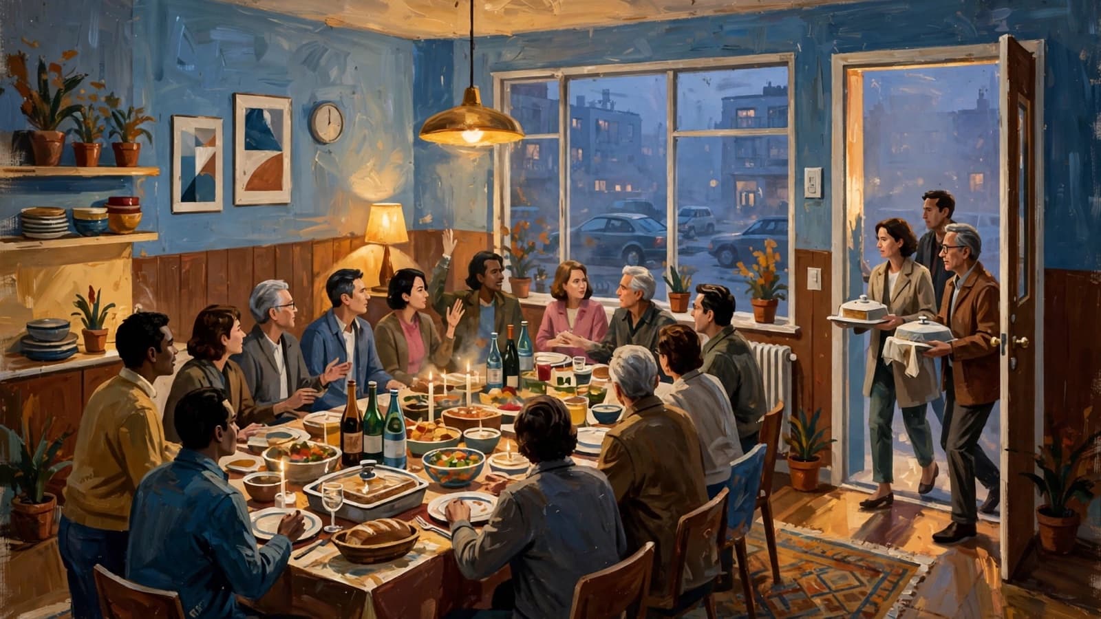 A potluck dinner, someone arriving with a guest.
