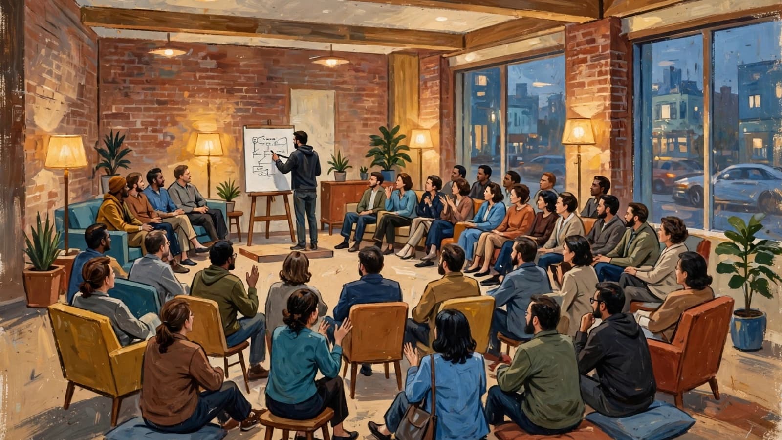 A lounge in a loose horseshoe, a panel on one sofa, one person at a whiteboard with a problem.