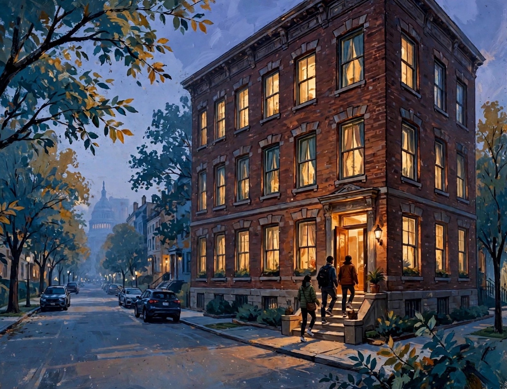 The building at dusk.