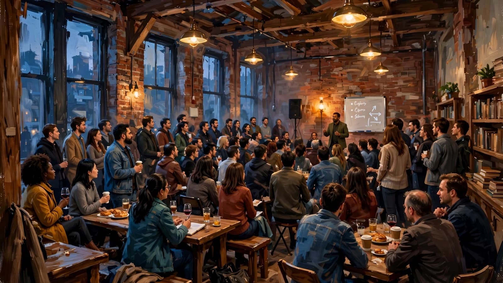 A public evening event, one person speaking from a low stage.