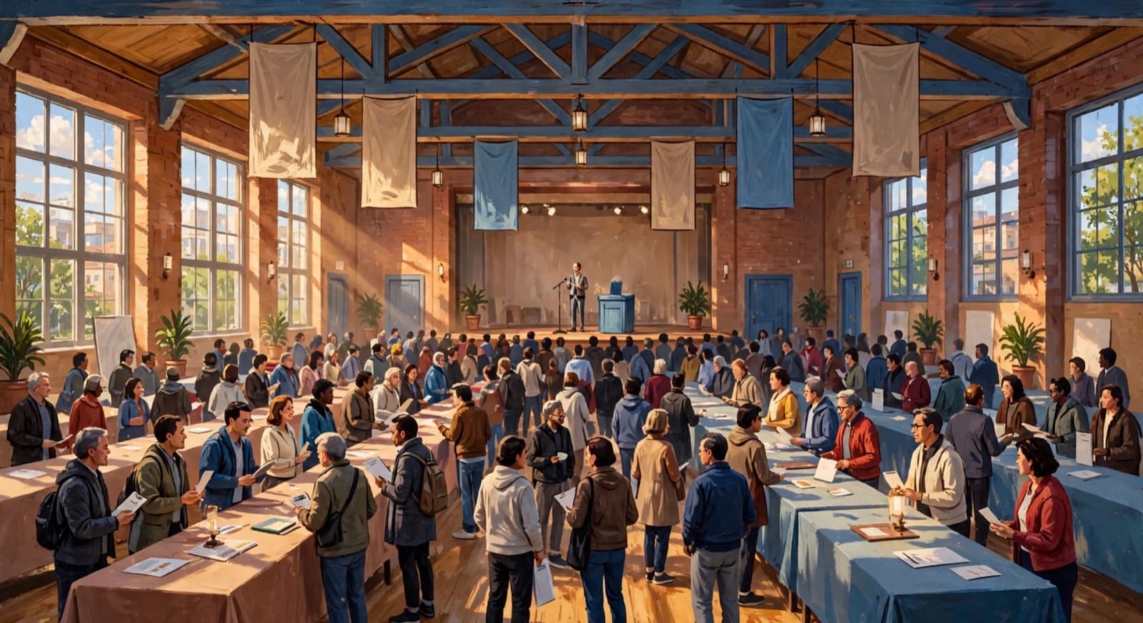 A hall of tables and a crowd, a stage and a ballot box.