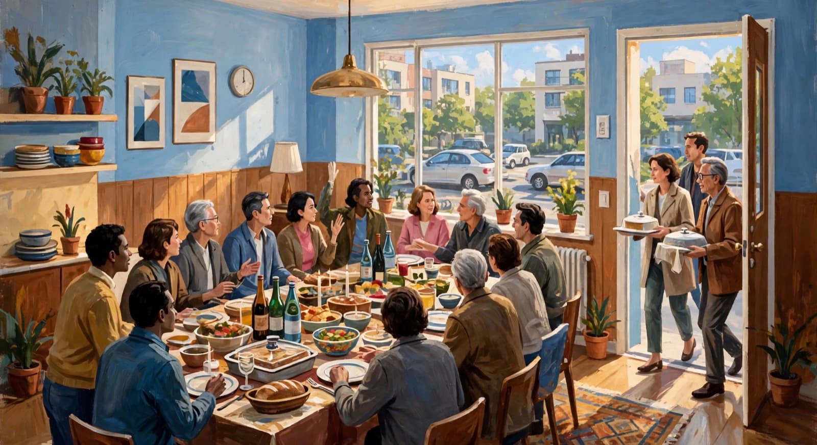 A potluck dinner, someone arriving with a guest.