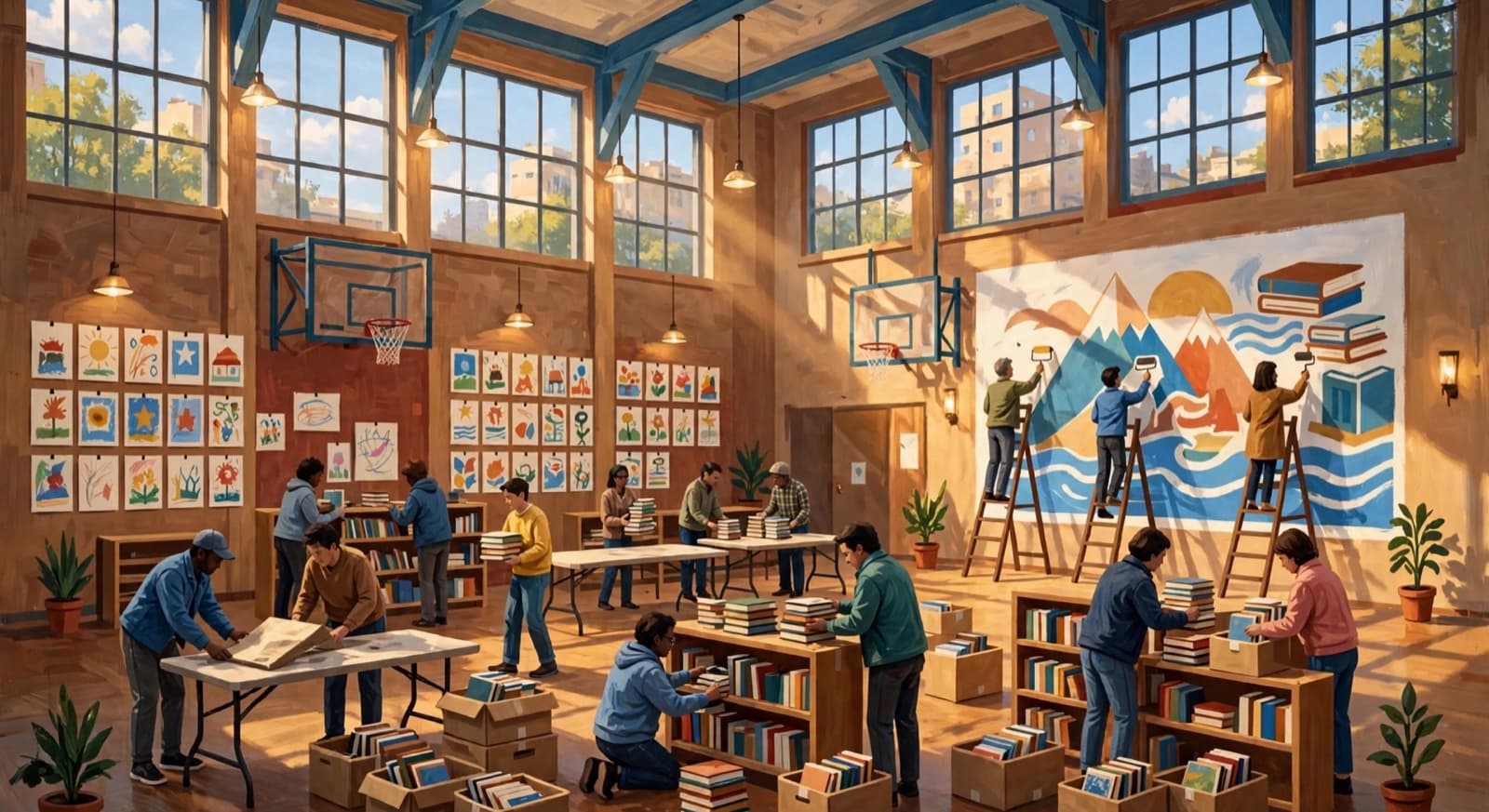 Volunteers in a school gym painting a mural and shelving donated books.